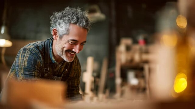 Skilled Craftsman Smiling While Perfecting His Woodworking Project in Artisan Workshop