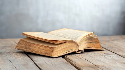 Open Antique Book with Yellowed Pages Displayed on Rustic Wooden Table