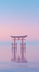 Naklejka premium Abstract Torii Gate Standing in Tranquil Waters with Pastel Sky. Phone Wallpaper. Generative AI