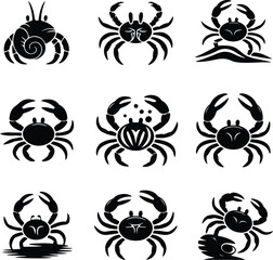 Crab Silhouette Set | Marine Seafood Vector Icons Ocean Crab Silhouette Collection | Sea Animal Vector Pack