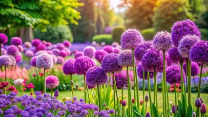 Obraz premium A stunning purple flower bed in a lush garden with vibrant blooms and delicate petals surrounding the base of the flowers, garden landscaping , floral arrangement