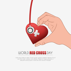 A hand with a heart and a stethoscope. Banner for World Red Cross Day