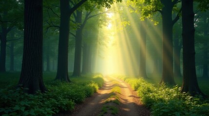 Fototapeta premium Sunlit Path Through a Misty Forest of Tall Trees, Lush Undergrowth, and Golden Rays of Light Piercing the Canopy