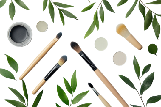 Organic makeup brushes and eyeshadow palettes with green leaves on a white background Soft lighting