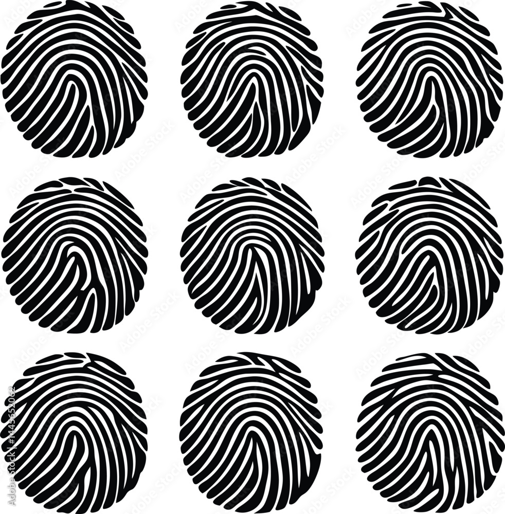 Poster black and white vector design features a unique fingerprint pattern for digital security identificat