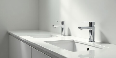 Modern minimalist bathroom sink with chrome faucets and bright white countertop