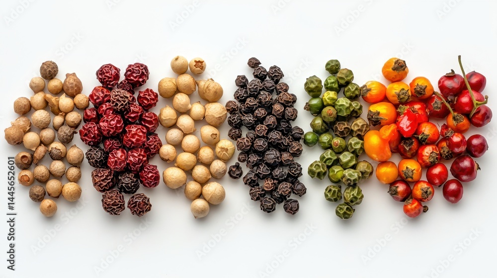 Poster neatly arranged peppercorns with white negative space, sharp and aromatic visual