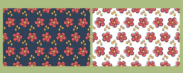 Set of floral seamless pattern. Red meadow wildflowers. Nature background of various botanical elements. Hand drawn doodle Flower elements. Vector illustration