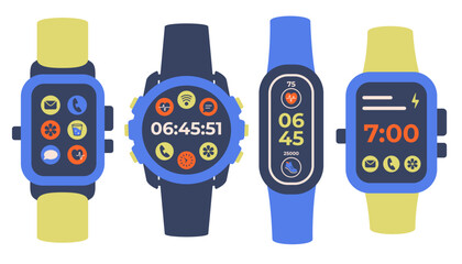 Set of various digital watchs icons. Smart watch isolated. Modern Hand watch with black strap. Circle Smart watch top view. Digital watch with App icons. Vector illustration