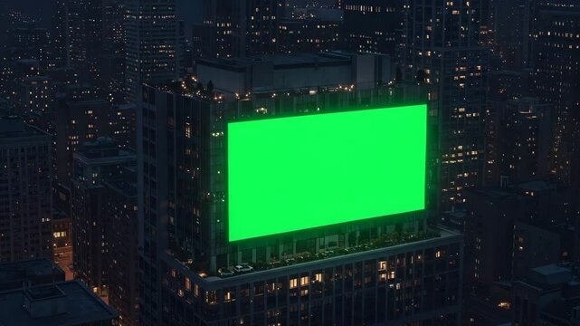 green screen tron video mockup display on top of skyscraper building at night