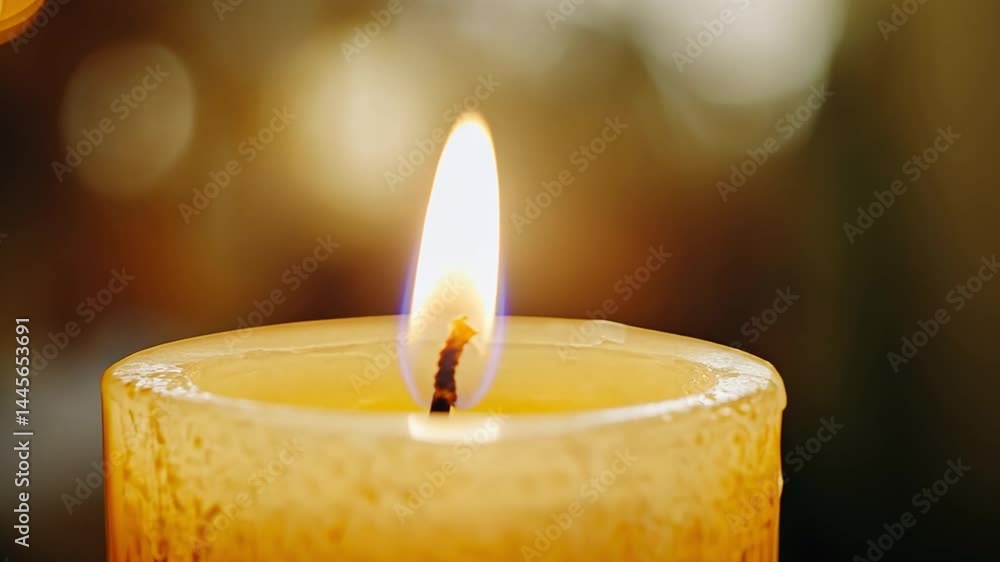 Poster close up of glowing candle flame radiating warmth and light, creating serene and tranquil atmosphere