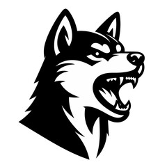 Aggressive husky wolf head in black and white silhouette with open mouth, fierce canine logo vector
