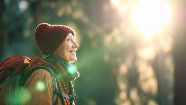 Woman Hiking In A Forest With A Backpack Enjoying Sunlight And Nature's Beauty