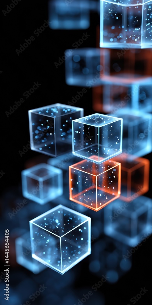 Poster a series of cubes in different colors and sizes are displayed in a black background. the cubes are a