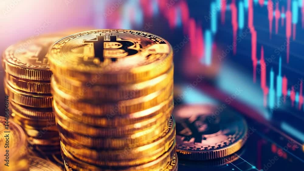 Poster a stack of shiny golden bitcoins is shown in front of a blurred financial market chart with red and 