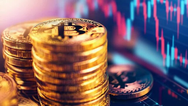 A stack of shiny golden bitcoins is shown in front of a blurred financial market chart with red and blue graph lines.