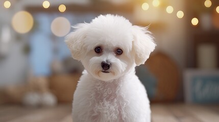 A fluffy white Bichon Frise attentively focusing on something in the distance 