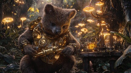 Steampunk quokka engineer fine tuning a brass exosuit in a jungle workshop lit by glowing fungi