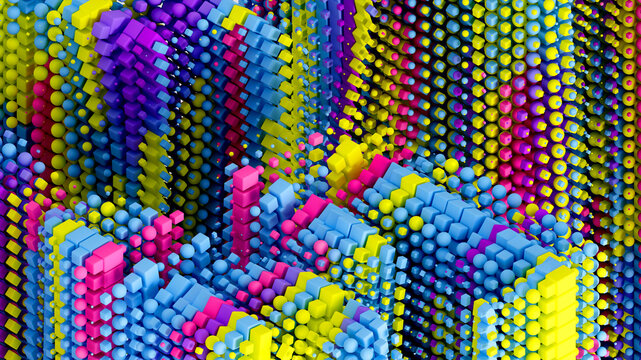 Fototapeta 3d render of abstract art of surreal decorative 3d background based on small constructor mosaic cubes boxes squares balls spheres particles in bright mix blue yellow and pink color on grey background