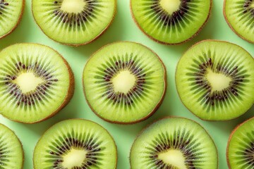 Fototapeta premium Close-up of fresh green kiwi slices, vibrant green and yellow hues. Suitable for healthy food, nutrition, backgrounds, packaging, and wellness concepts.