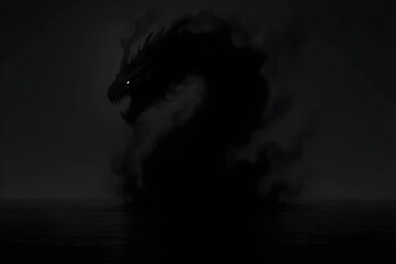 A dark, ominous creature resembling a dragon or serpent rises from a shadowy ocean, with glowing eyes and a menacing presence. Concept Epic Creature Design, Dark Fantasy Art, Mythical Beasts