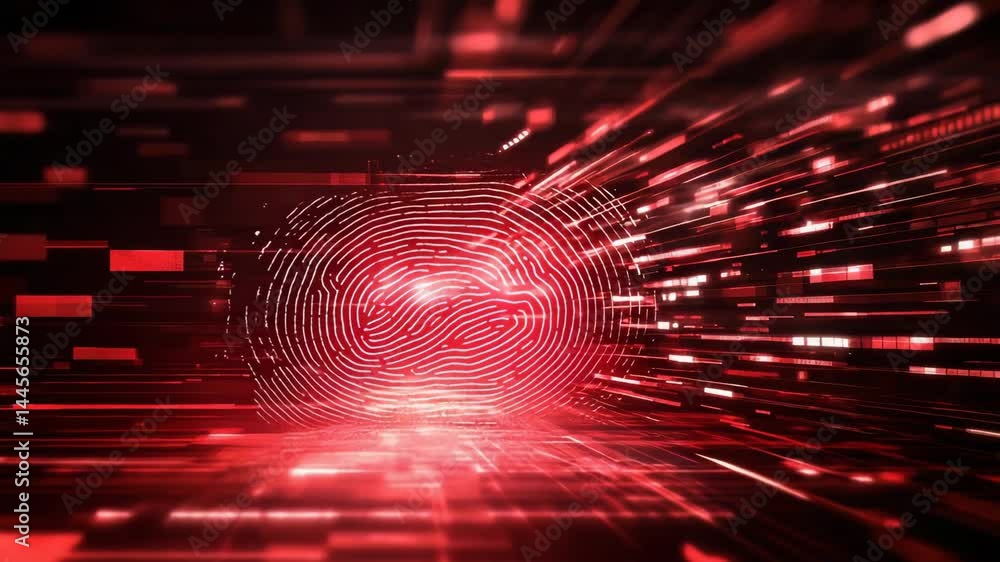 Poster a glowing digital fingerprint surrounded by red light trails represents high-tech identity security 