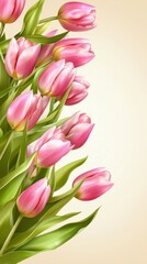 Obraz premium Beautiful pink tulips with green stems and leaves arranged vertically on a light beige background for sptime floral greeting cards and decorative floral design