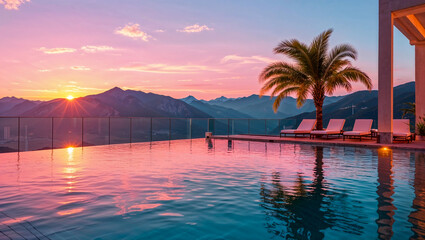 Tropical Sunrise View at Infinity Pool with Palm Tree and Relaxing Lounge Chairs