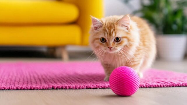 A fluffy orange kitten stares curiously at a pink ball of yarn on a bright pink rug indoors.