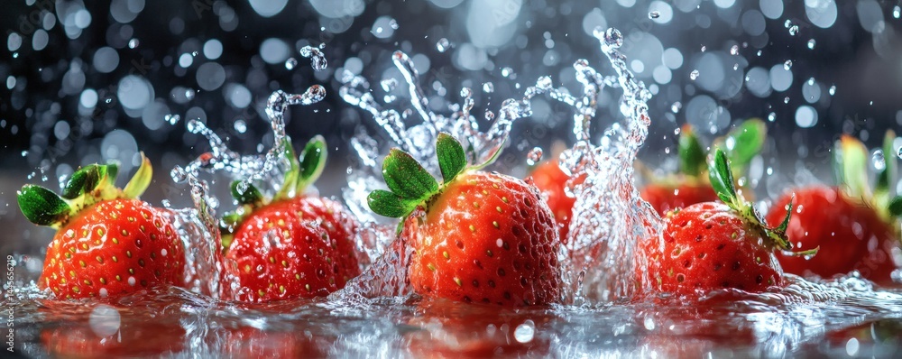 Poster fresh strawberries being splashed with water creating dynamic effects in view