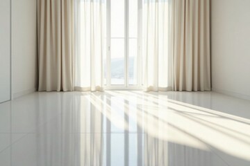 Bright Sunlight Streaming Through Sheer Curtains Illuminating a Gleaming Polished Floor in a Minimalist Room