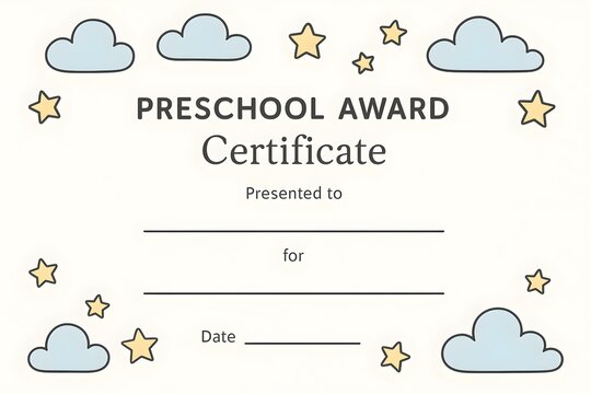 A blank preschool award certificate decorated with clouds and stars, ready for a recipient's name and date. Concept Blank Award Certificate, Clouds and Stars Design, Custom Recipient Name