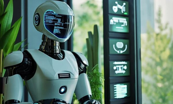 Futuristic robot stands near window with plant life