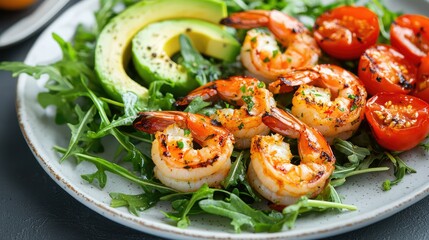A refreshing summer lunch plate of grilled shrimp with avocado, cherry tomatoes, and arugula, perfect for digestion.