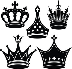 A vector set features royal crown icons, a collection of king and queen symbols for heraldic design © PrimeVector Art