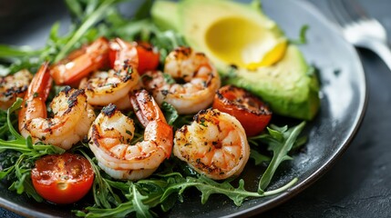 A refreshing summer lunch plate of grilled shrimp with avocado, cherry tomatoes, and arugula, perfect for digestion.