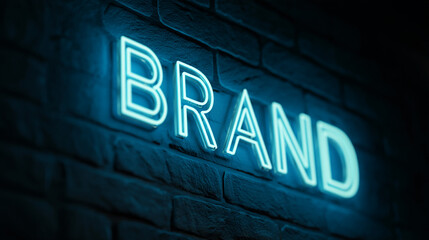 Neon "BRAND" sign on dark brick wall, showcasing vibrant blue light illuminating letters, representing branding, identity, and advertising concepts