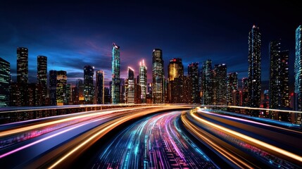 Fototapeta premium Sci-fi city glowing with neon data lines, cyberpunk skyline concept
