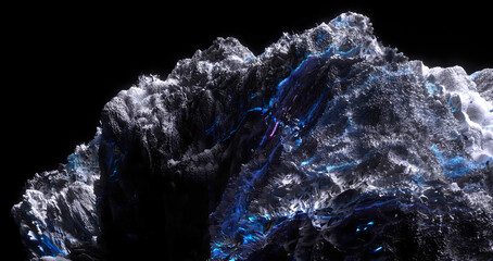3d render of abstract art with surreal mineral geology stone object ocean coral reef or asteroid or winter ice cold mountain rock stone object on a black background with neon fluorescent glow elements © Philipp