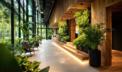Modern lobby with lush greenery, natural wood accents, large windows, and abundant natural light creating a tranquil, eco-friendly atmosphere.