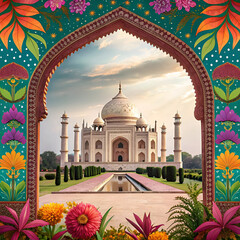 Obraz premium Taj Mahal Vector Symbols with Mughal Arch and Floral EPS Background for Indian Heritage and Cultural Design
