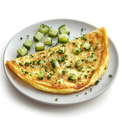A fluffy golden omelet folded perfectly on a white ceramic plate, sprinkled lightly with chopped parsley and cucumber cubes peeking out from inside, high qu