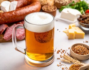 A frothy mug of ale on a table surrounded by sausage, cheese, grains, and spices, evoking a rustic, hearty meal in a warm, inviting setting.