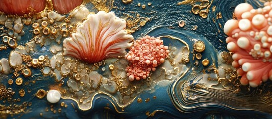 Captivating Organic Textures Lush floral patterns shimmering iridescent surfaces and intricate luxurious detailing create a visually stunning and sophisticated abstract composition
