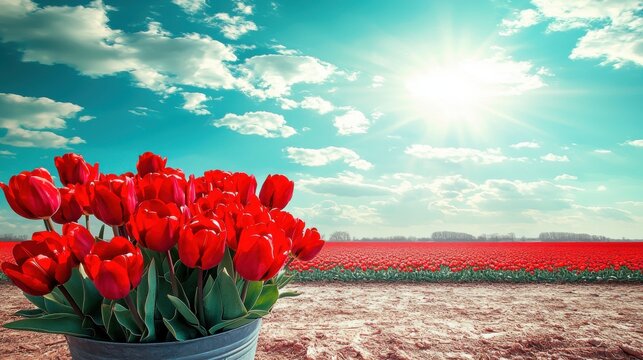 Vibrant red tulips in a blue pot with lush green stems and leaves against a scenic background of a bright sunlit sky and expansive flower field on a clear day - Powered by Adobe