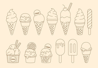 Summer set of flat contour ice cream doodle hand drawn icon, element. Outline drawing gelato in waffle, paper cone, clipart collection on white background. Vector EPS10