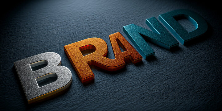 Metallic word BRAND in silver, orange, and teal on dark textured background, representing business, branding, and identity