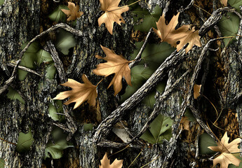 Mossy oak camouflage with a pattern of tree branches and leaves