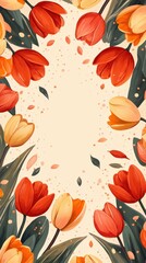 Vibrant autumn tulips border floral frame with orange yellow red petals and green leaves for seasonal nature decoration and sptime celebration design