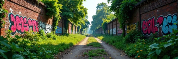 Obraz premium Overgrown urban landscape with graffiti and brick walls , walls, graffiti, city